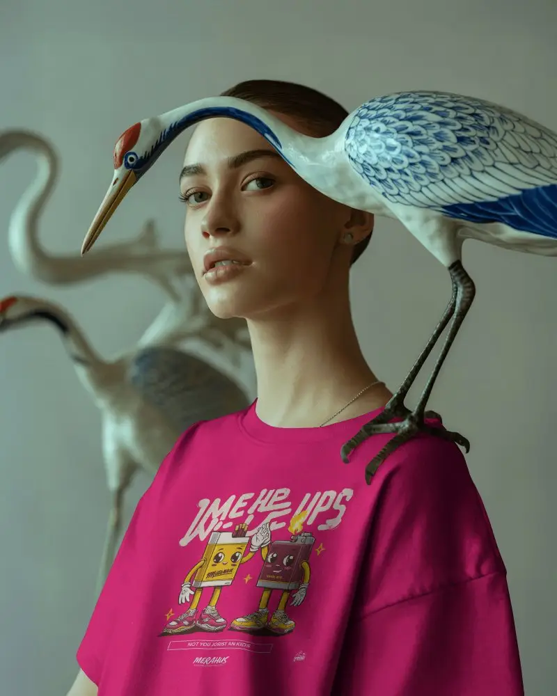 Artistic Tshirt Mockup With Elegant Woman And Crane Bird Composition Natural Tones