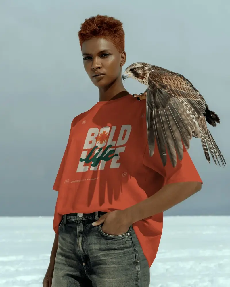 Empowering Outdoor Tshirt Mockup With Falcon On Shoulder And Confident Female Mode
