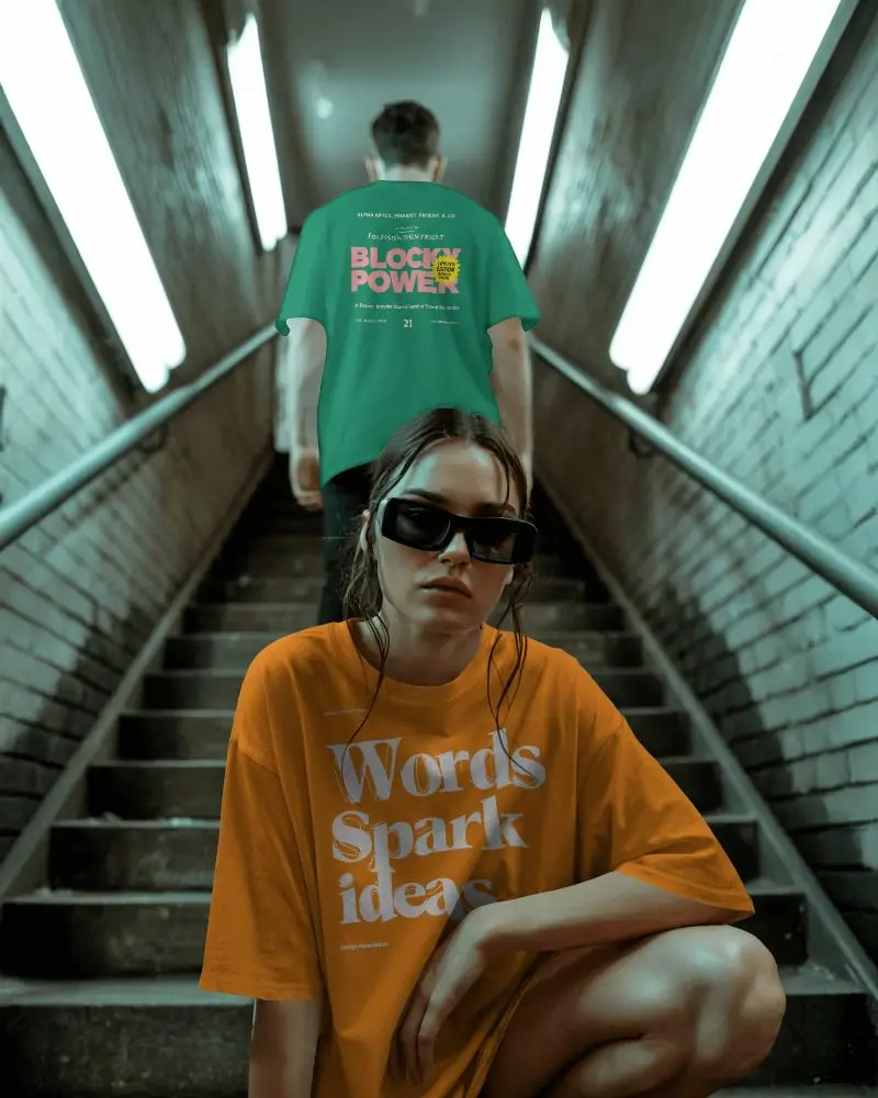 Edgy Subway Tshirt Mockup With Moody Duo In Gritty Underground Stairwell