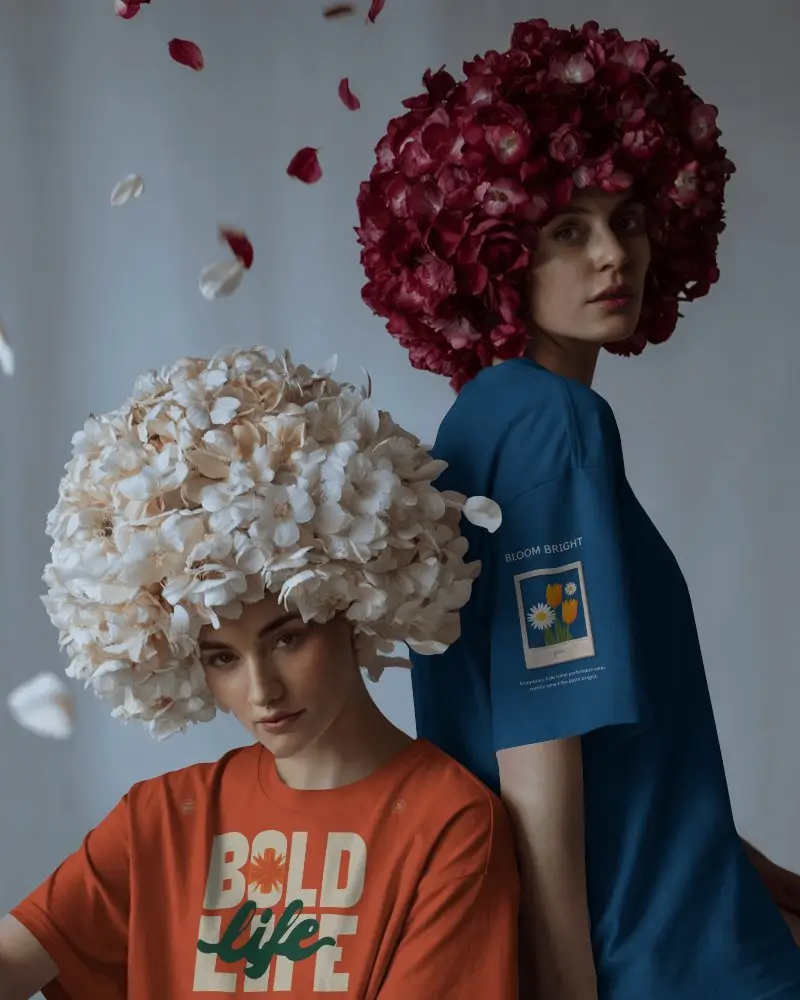 Floral Editorial Tshirt Mockup With Two Models Wearing Voluminous Blooming Headpieces