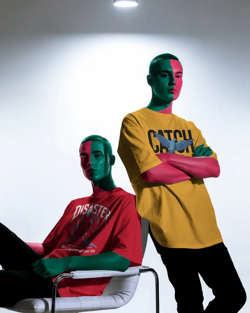 Avantgarde Colorwash Tshirt Mockup Featuring Two Models Under Artistic Spotlight
