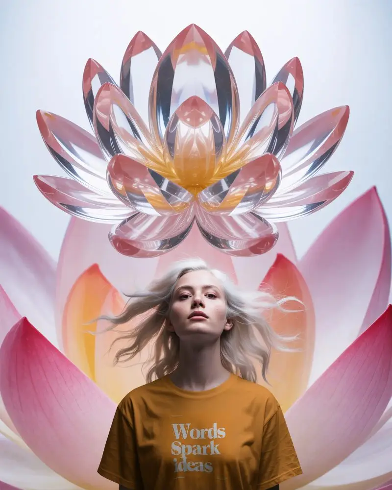 Front View Minimalist Tshirt Mockup With Girl Standing Before Crystal Flower Backdrop