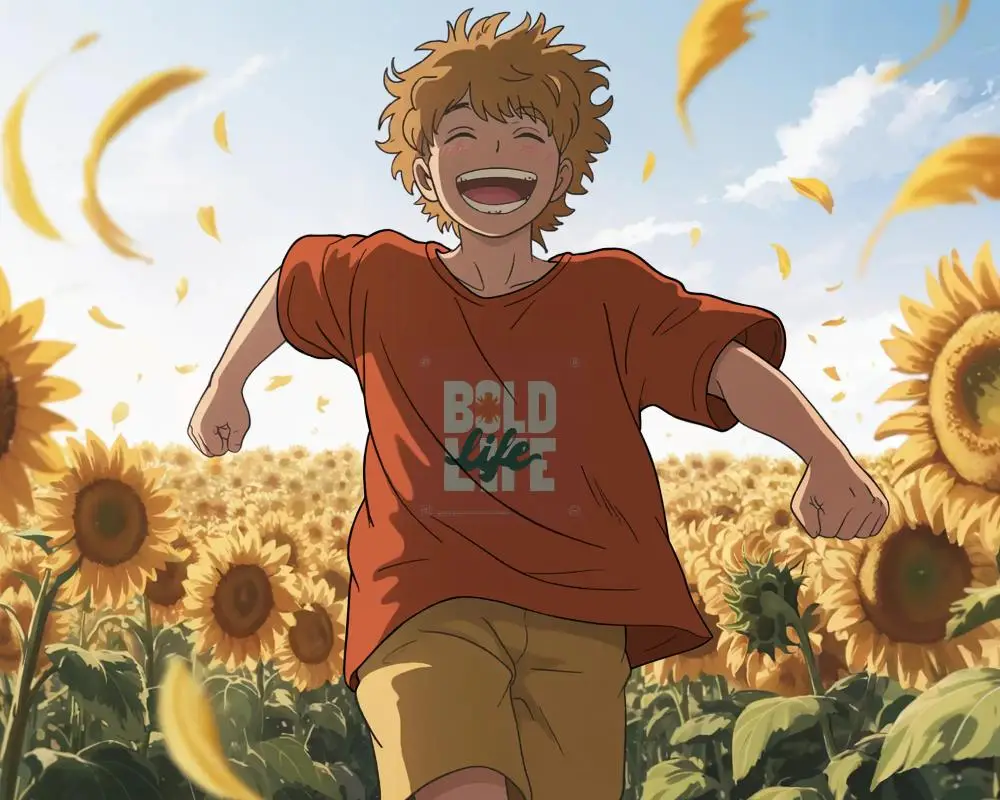 Happy Child Running Among Sunflowers Tshirt Mockup Joyful Summer Style For Kids Fashion