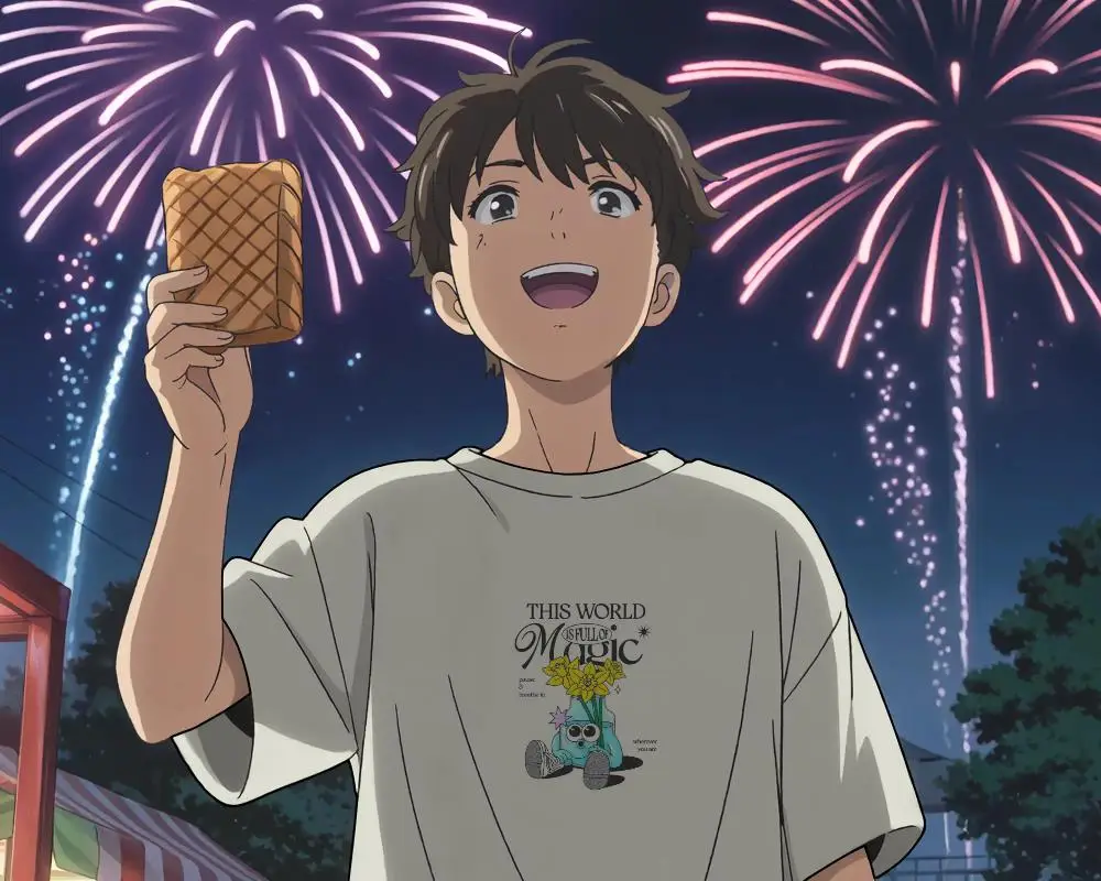 Happy Casual Tshirt Mockup With Summer Night Fireworks Background For Custom Designs