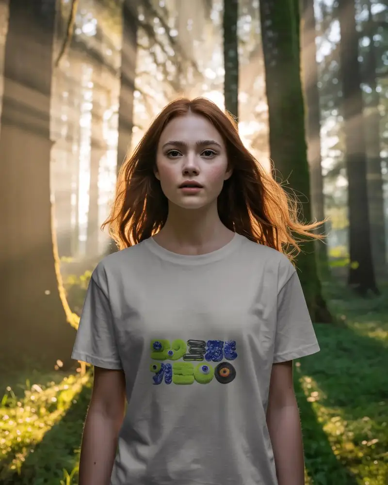 Trendy Womens Casual Tshirt Mockup In Natural Woodland Setting With Sunbeam Effects