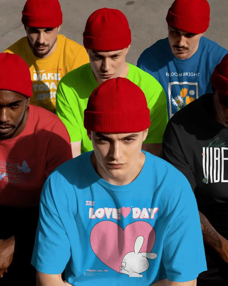 Group Of Male Models Showing Basic T Shirt Mockup Template For Fashion Designers