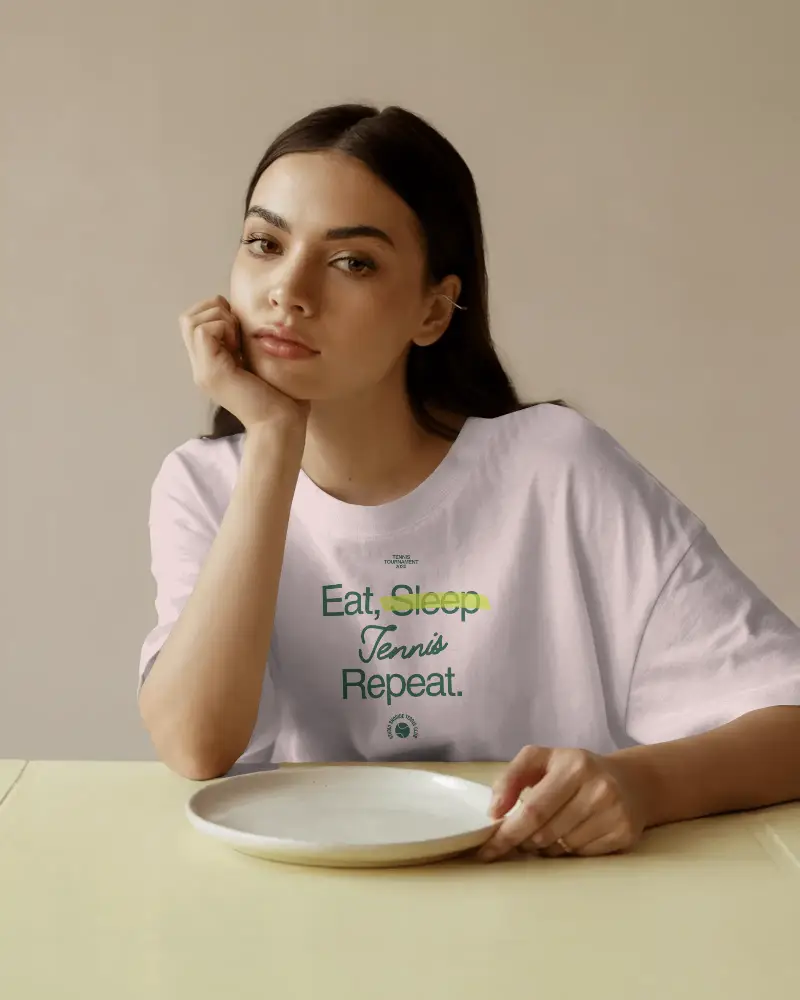 Relaxed Comfortable Casual T Shirt Mockup Woman Sitting Modern Minimalist Style Fashion