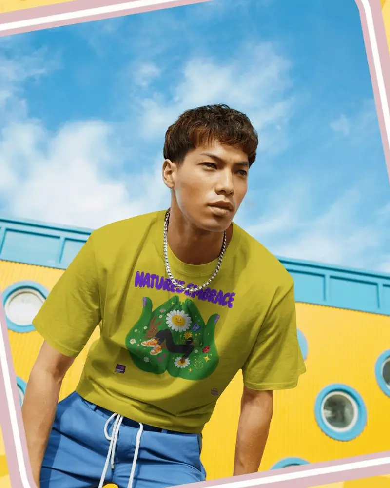 Urban Street Tshirt Mockup Male Model Leaning Forward Against Colorful Architectural Wall