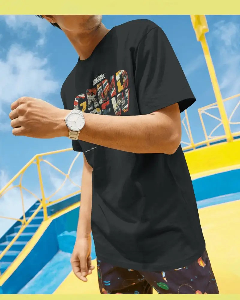 Modern Urban Tshirt Mockup Mens Casualwear Outdoor Staircase Backdrop Urban Summer Style