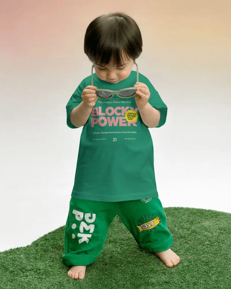 Kids Tshirt Mockup Child Looking Down Holding Glasses On Green Grass Set Studio Environment
