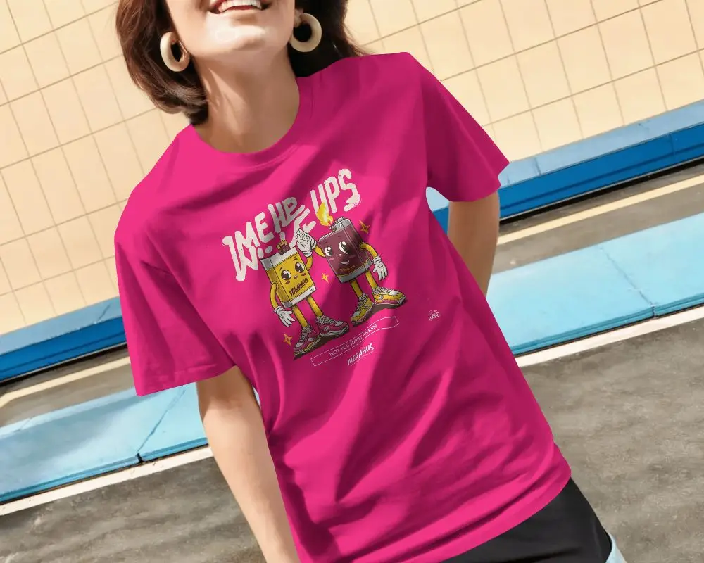 Urban Street Tshirt Mockup Female Model Smiling Cropped View Bright City Architectural Backdrop