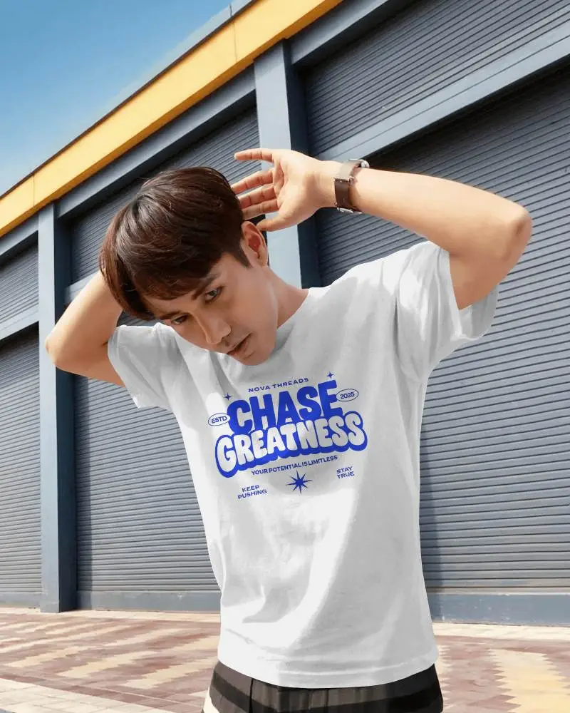 Streetwear Fashion Tshirt Mockup Male Model Candid Moment Modern Architecture