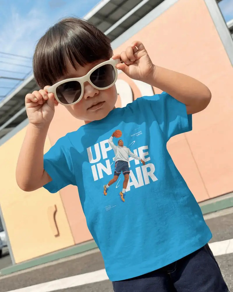 Kids Street Tshirt Mockup Young Boy Wearing Sunglasses Outdoor Urban Playful Setting
