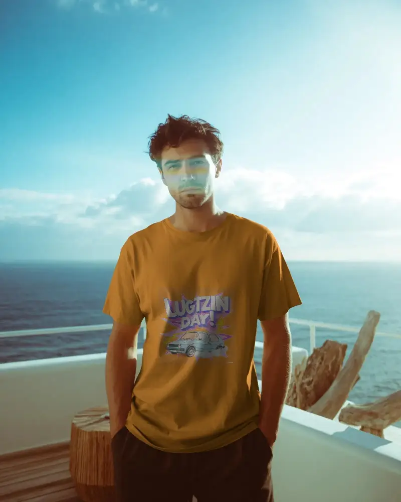 Realistic Male Tshirt Mockup On Model Outdoor Summer Scene For Graphic Tees Promotion