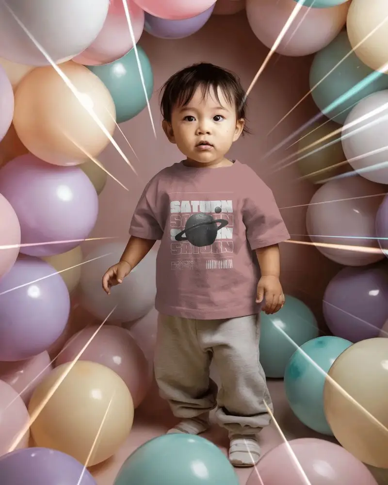 Cute Little Kid Modeling Basic Tshirt Mockup Surrounded By Soft Pastel Balloons For Fashion
