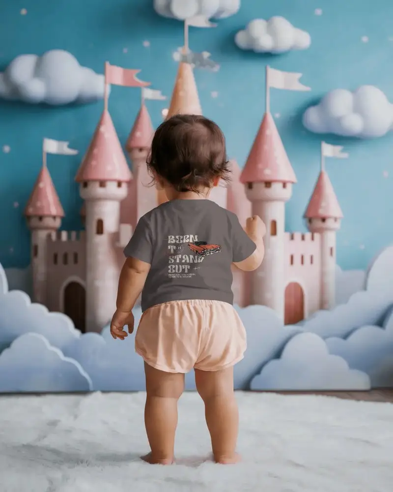 Infant Tshirt Mockup With Plain Design Worn By Baby In Fantasy Castle Setting