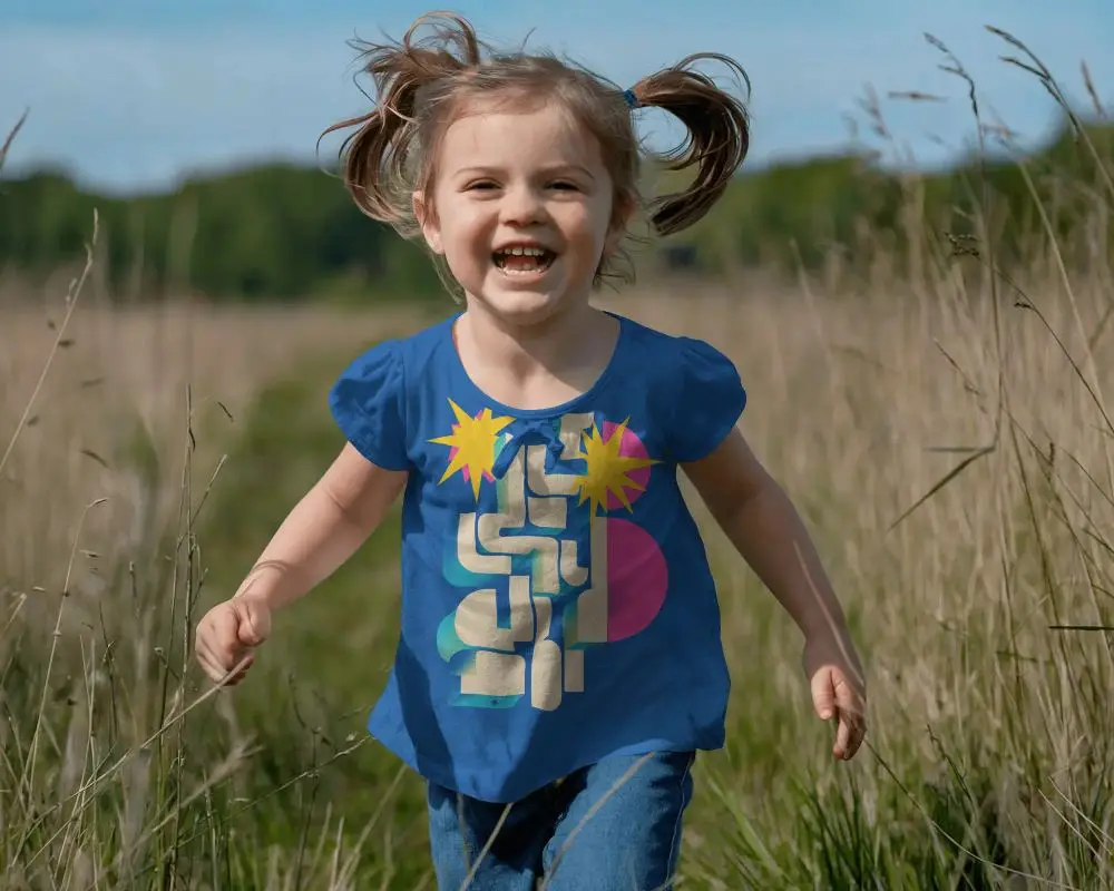 Adorable Toddler Smiling In Soft Lightweight Cotton Kids T Shirt Mockup On Nature Walk