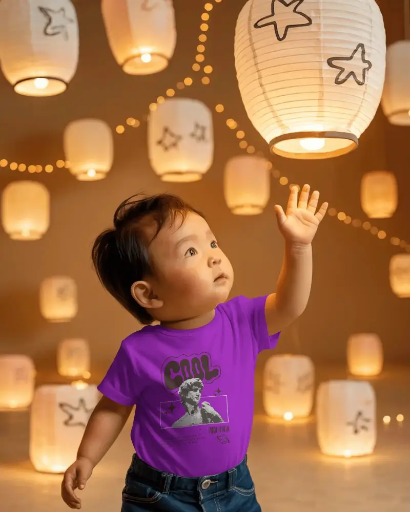 Adorable Infant Wearing Soft Comfortable Toddler Tshirt Mockup Glowing Paper Lanterns