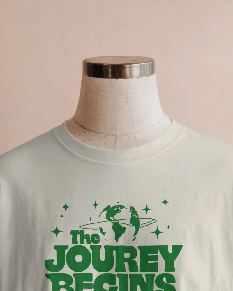 Classic Tshirt Mockup Closeup On Vintage Mannequin Dress Form With Soft Peach Background