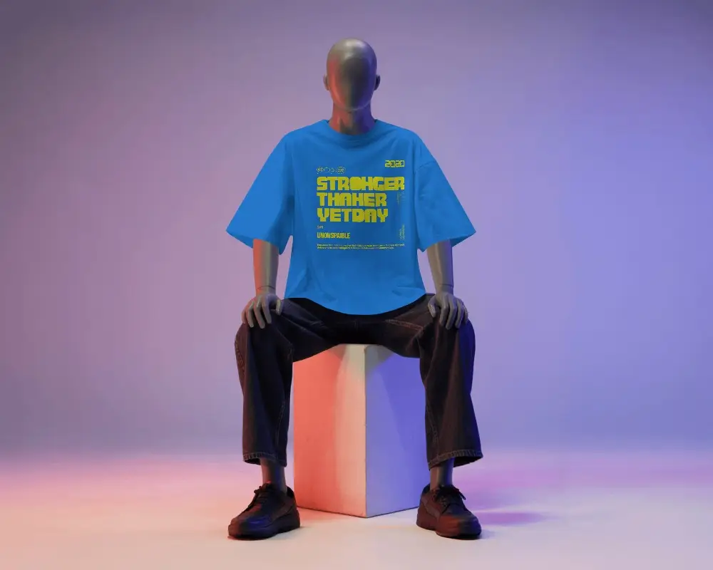 Seated Mannequin Tshirt Mockup Under Colorful Studio Lights Modern Streetwear Display