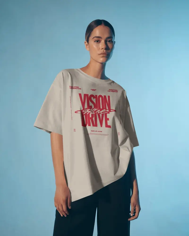 Oversized Tshirt Mockup On Female Model In Cool Blue Studio Lighting Modern Style