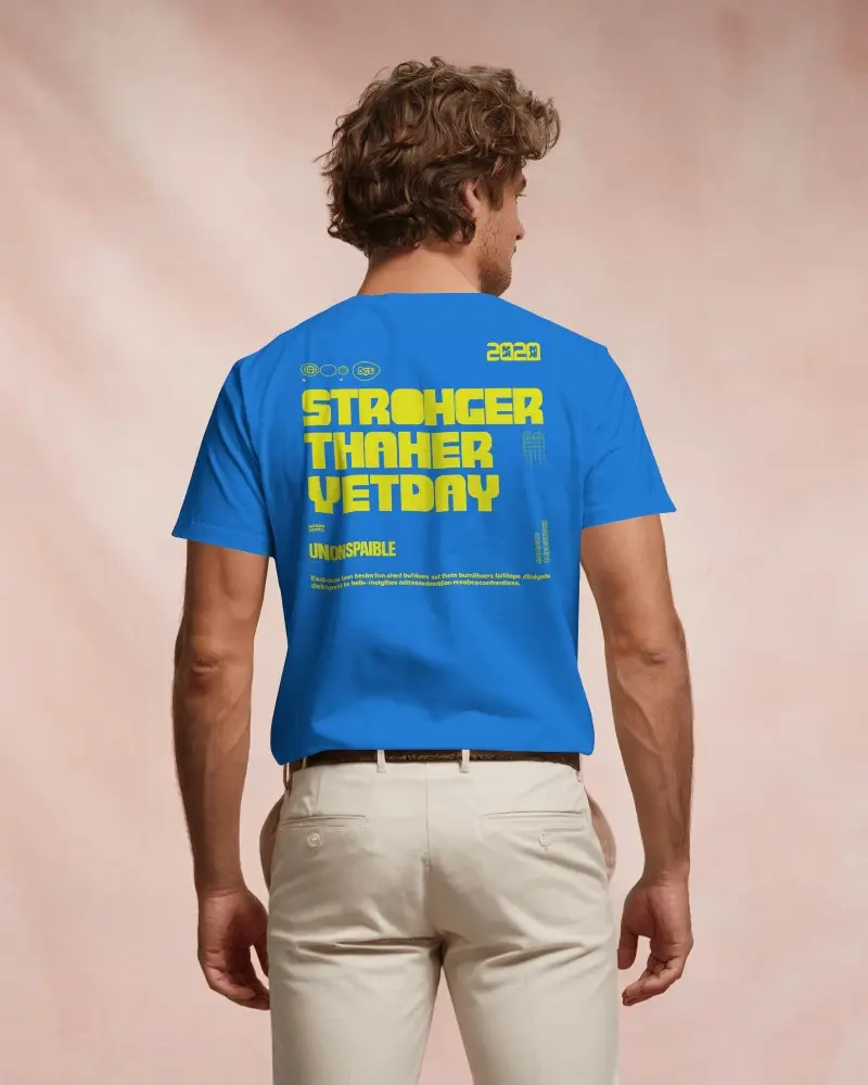 Warm Peach Backdrop Back View T Shirt Mockup Male Model With Relaxed Summer Style