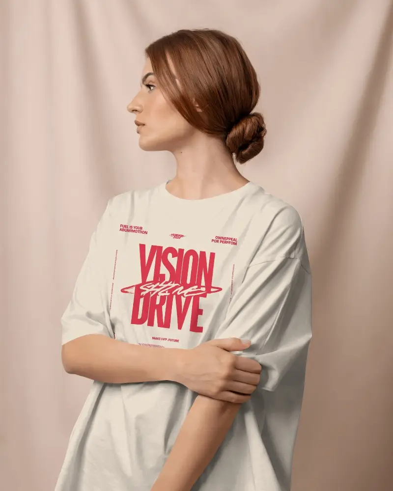 Soft Drapery Background T Shirt Mockup Woman Looking Sideways In Gentle Light Soft Beige Studio