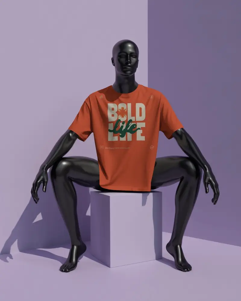 Mannequin Tshirt Mockup Seated Pose Minimal Studio Scene With Geometric Pedestal