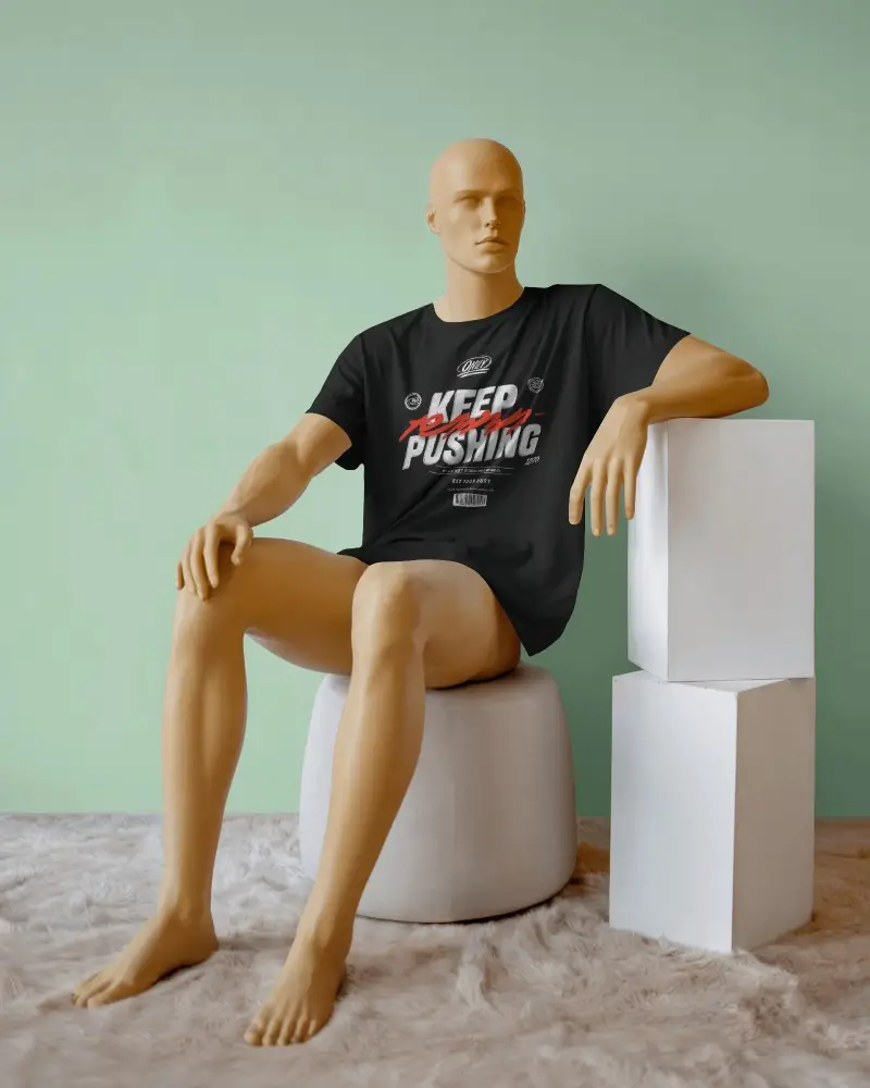 Seated Mannequin Tshirt Mockup Modern Studio Scene With Cubes And Minimal Backdrop