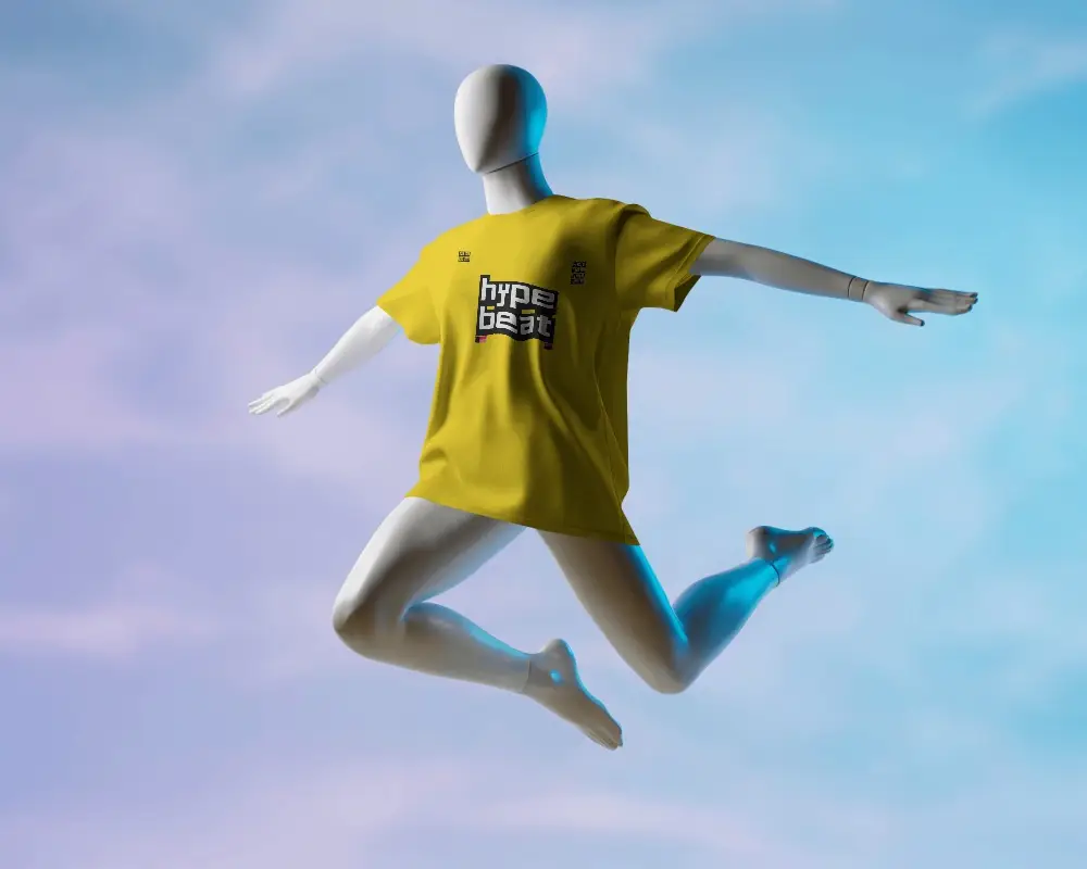 Dynamic Tshirt Mockup On Jumping Mannequin Against Dreamy Sky Background