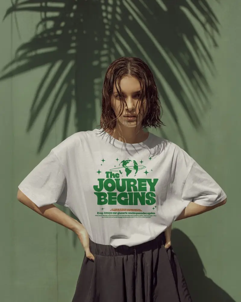 Editorial Fashion T Shirt Mockup On Model Front View With Strong Pose And Studio Shadow