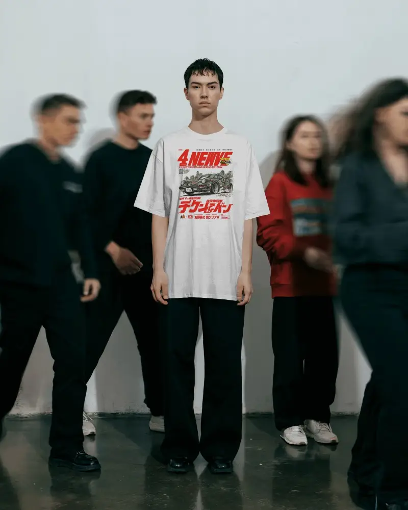 Front Facing T Shirt Mockup Male Model Standing Still Crowd Motion Blur Urban Style