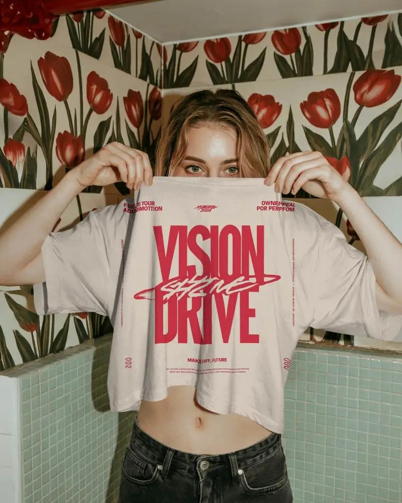 Cropped T Shirt Mockup Female Model Holding Shirt Up Vintage Floral Bathroom Setting