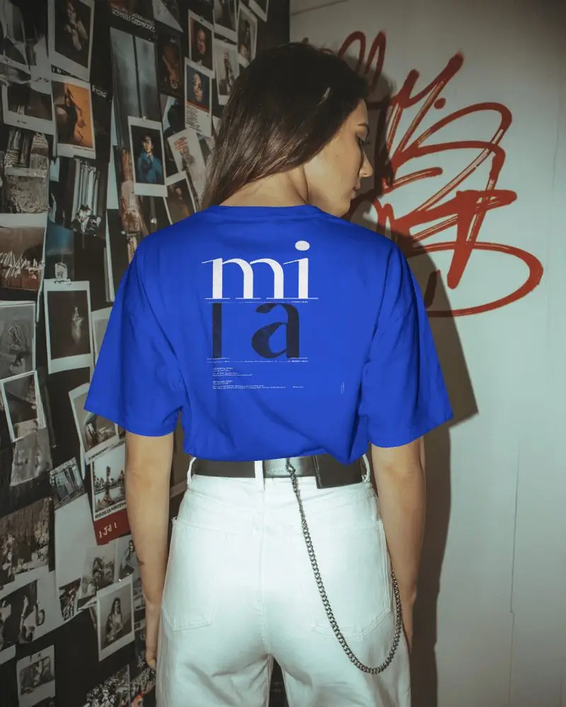 Back View Cropped T Shirt Mockup Female Model Urban Photo Wall Editorial Style