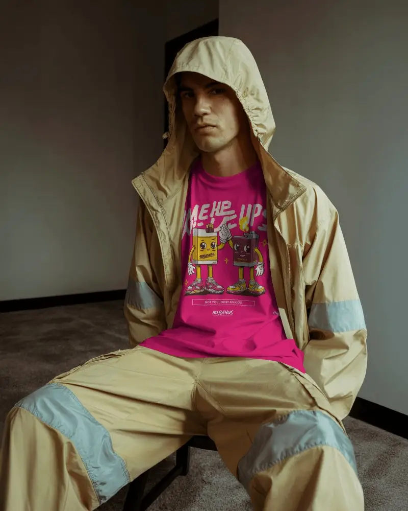 Lifestyle T Shirt Mockup Male Model Seated Wearing Jacket Urban Indoor Editorial Style