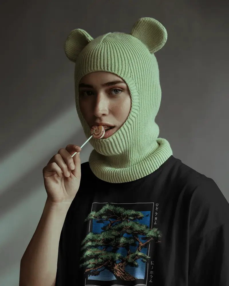 Fashion Editorial T Shirt Mockup Female Model Wearing Knit Balaclava Soft Studio Light