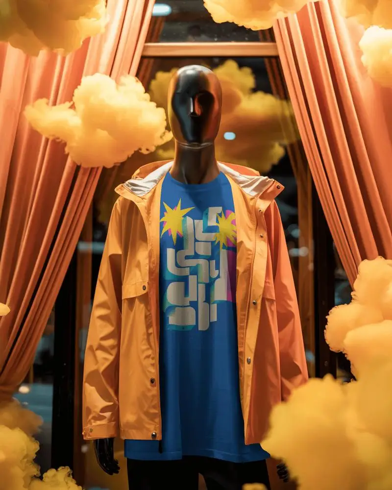 Fashion Display T Shirt Mockup Mannequin With Jacket Dreamy Cloud Installation Scene