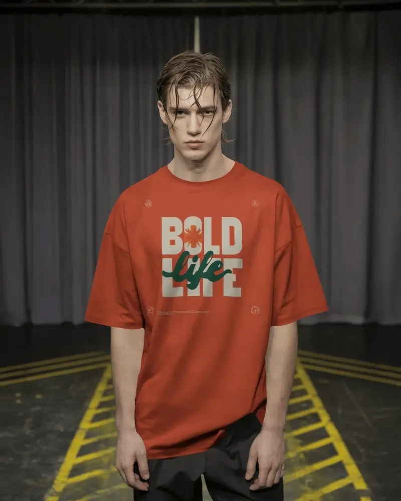 Front Facing T Shirt Mockup Male Model Standing Industrial Floor Markings Moody Studio