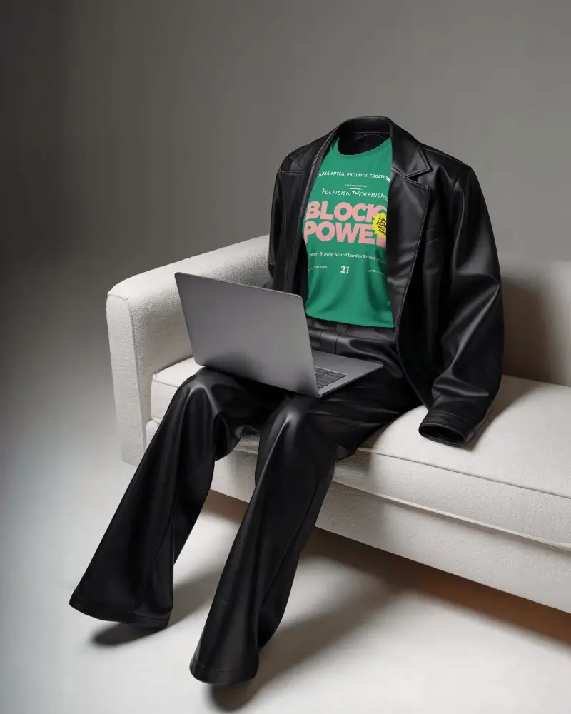 Cool Minimalist Tshirt Mockup With Leather Jacket And Flared Pants On Sofa Minimalist Style