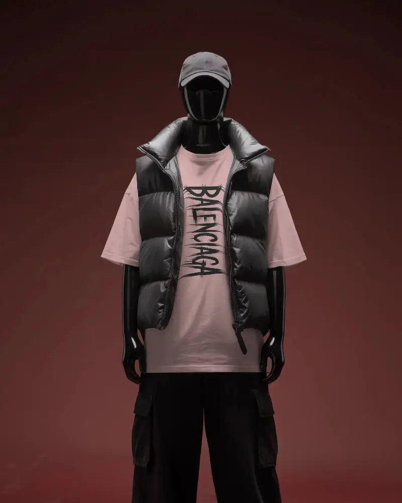 Urban Streetwear Casual Loosefit Tshirt Mockup With Puffer Vest And Cargo Pants Style