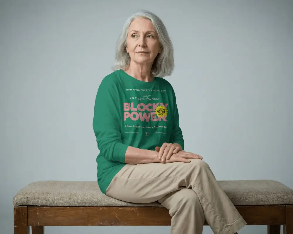 Comfortable Casual Long Sleeve Tshirt Mockup Elderly Woman Sitting Indoor Stylish Apparel