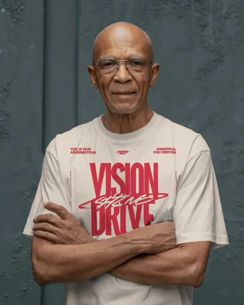 Tshirt Mockup Senior Male Model Arms Crossed Minimal Studio Portrait Neutral Background