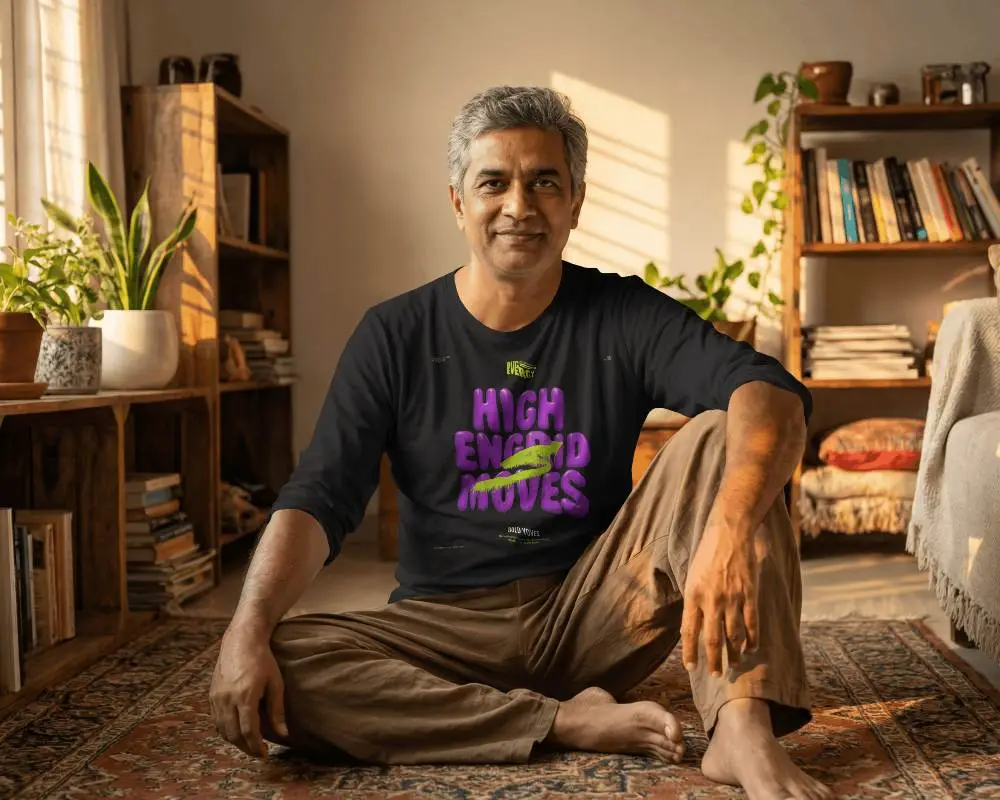 Tshirt Mockup Lifestyle Fashion Male Model In Long Sleeve Tshirt Cozy Home Interior