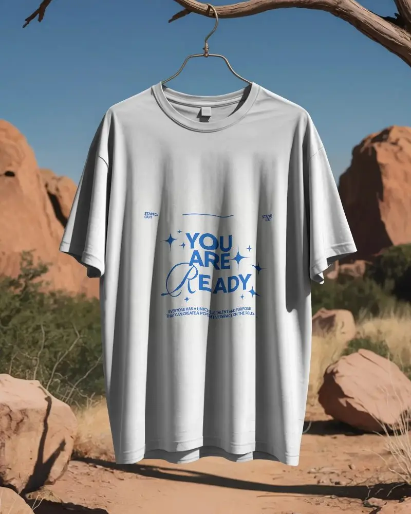 Plain Cotton T Shirt Mockup With No Print Isolated On Natural Arid Rocky Landscape Scene