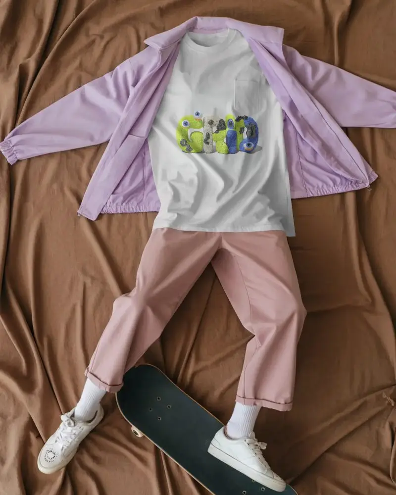 Mens Pocket Tshirt Mockup Displayed With Casual Jacket Trousers And Skateboard Flatlay