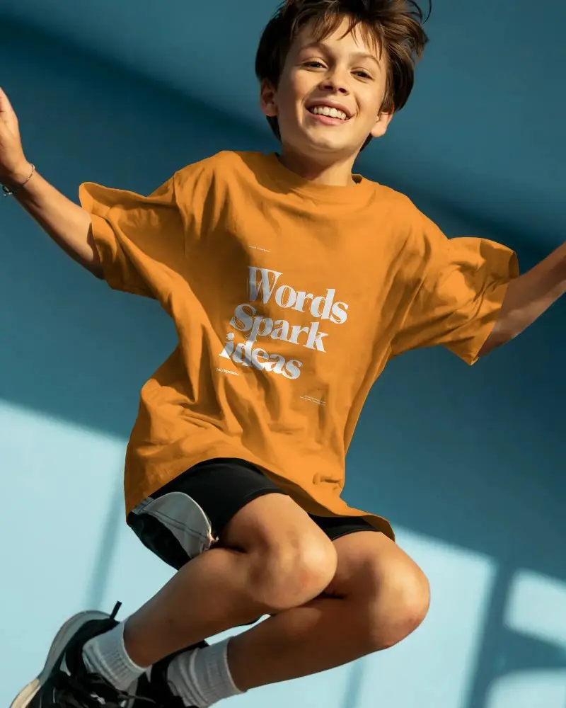 Editable Youth Tshirt Mockup With Vibrant Jump Pose For Trendy Casual Wear Online Store