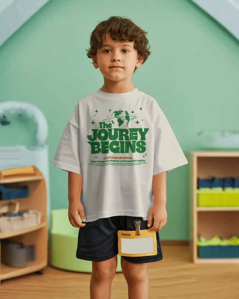Front View Kids T Shirt Mockup Boy Standing In Playroom With Soft Natural Light