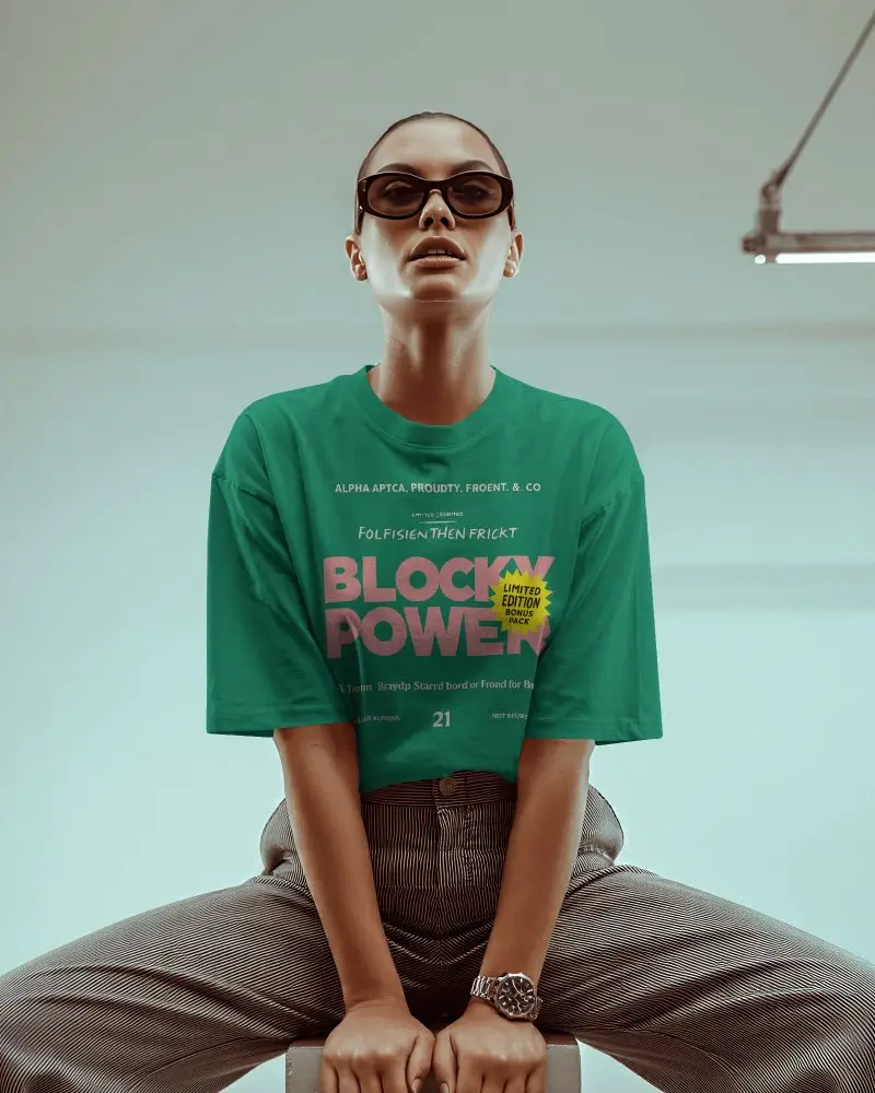 Modern Studio T Shirt Mockup Female Model Seated Forward With Minimal Background