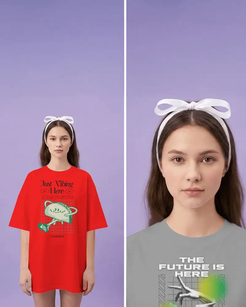 Dual View Female T Shirt Mockup Full Body And Face Crop With Clean Studio Lighting