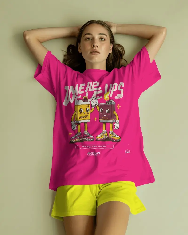 Top Down Female T Shirt Mockup Model Lying Relaxed With Arms Raised On Soft Pastel Studio